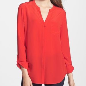 Trouve long sleeve red silk blouse button up - M